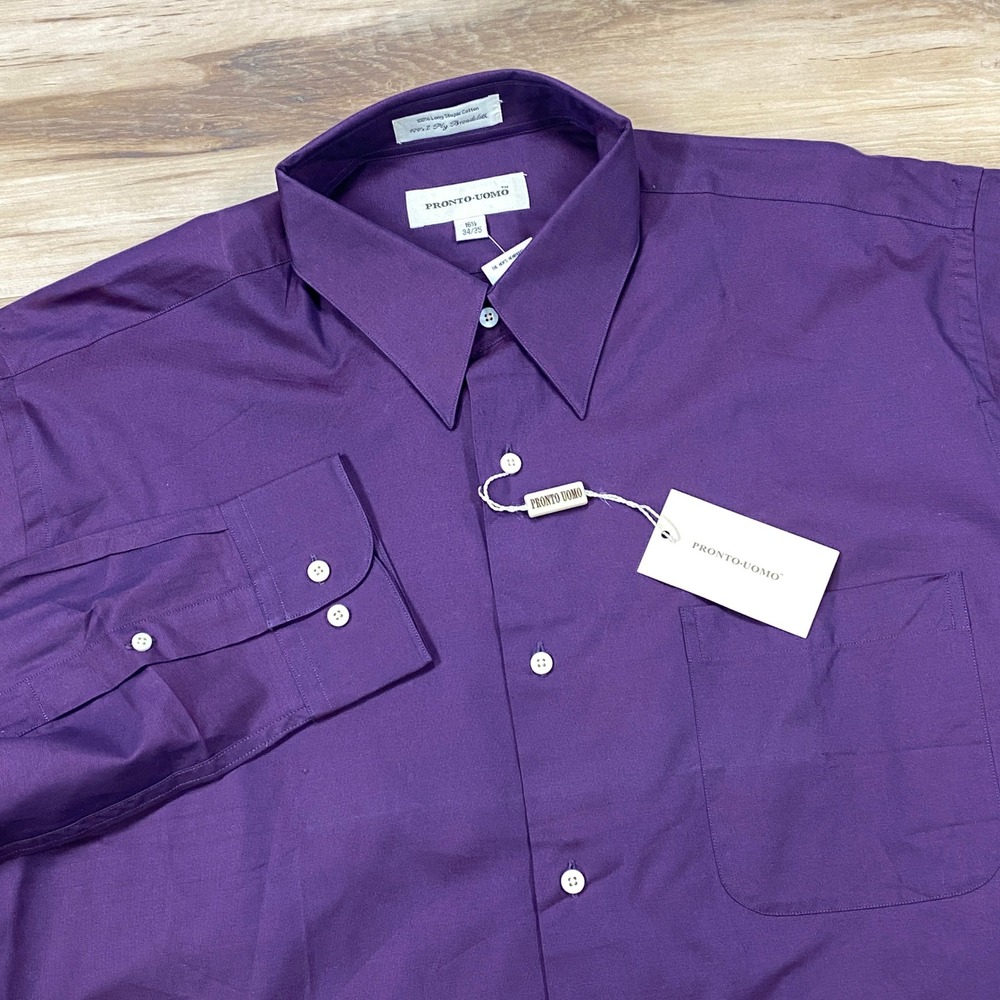 Pronto Uomo Dress Shirt Mens 16.5 34/35 Classic Cotton Broadcloth Purple NEW